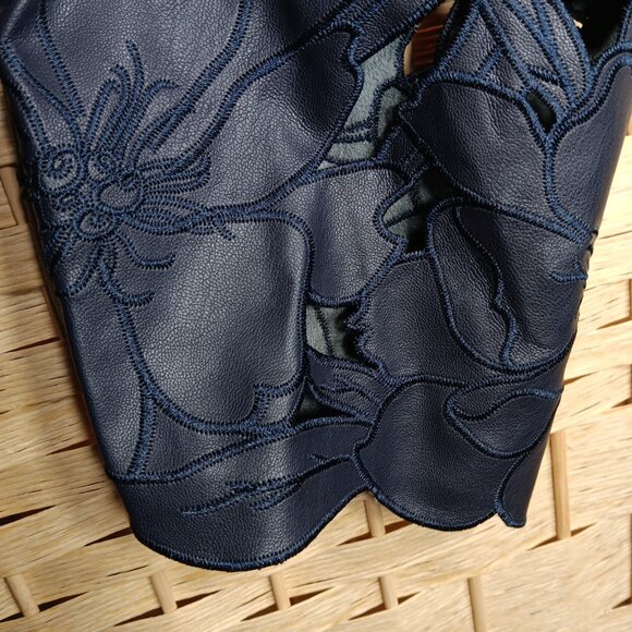 Chico's Faux Leather Laser Cut Floral Blazer Navy XL 16 - Picture 10 of 13